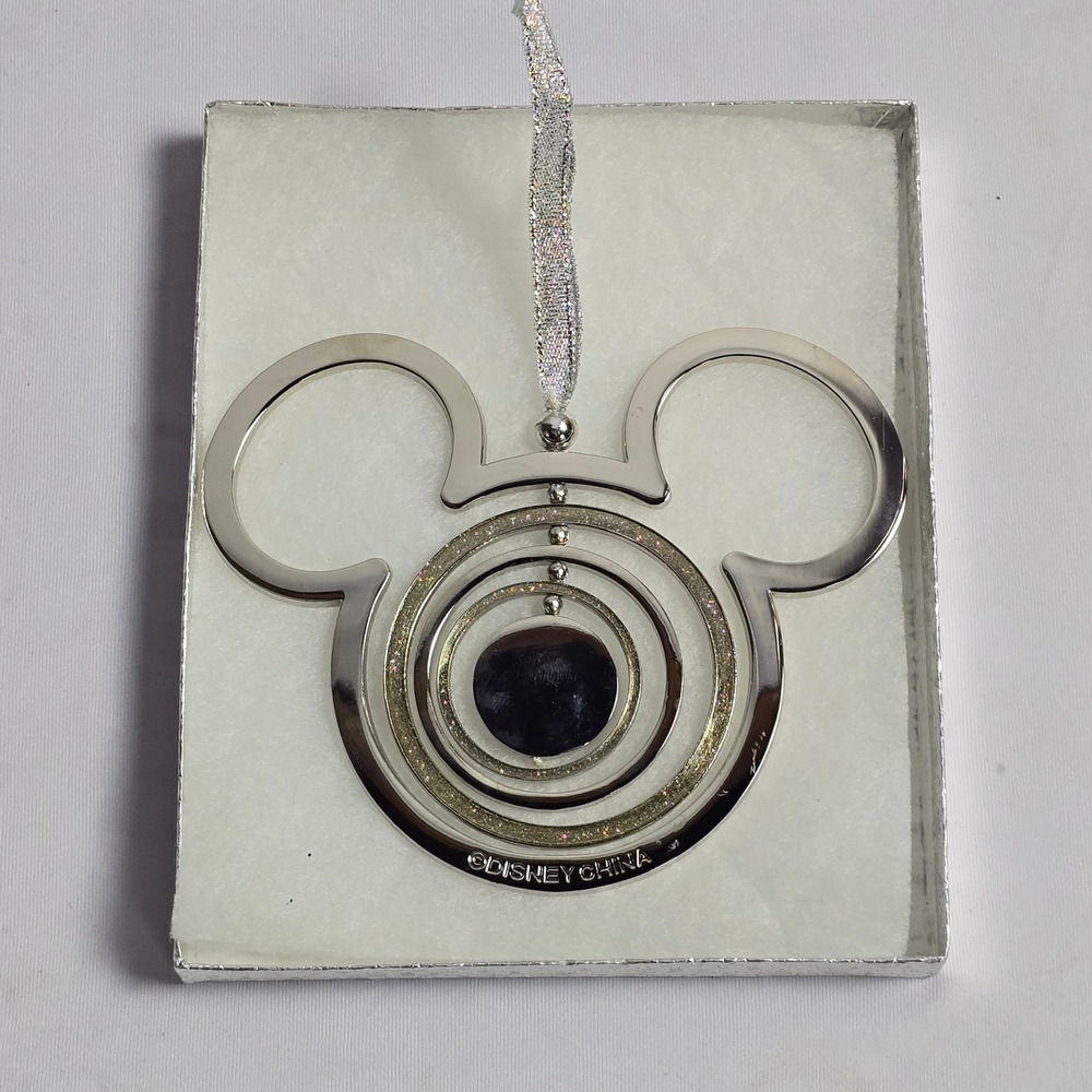 Disney Mickey Mouse Icon Silver Metal Spinning Ring Glitter Christmas Ornament - Picture 7 of 7